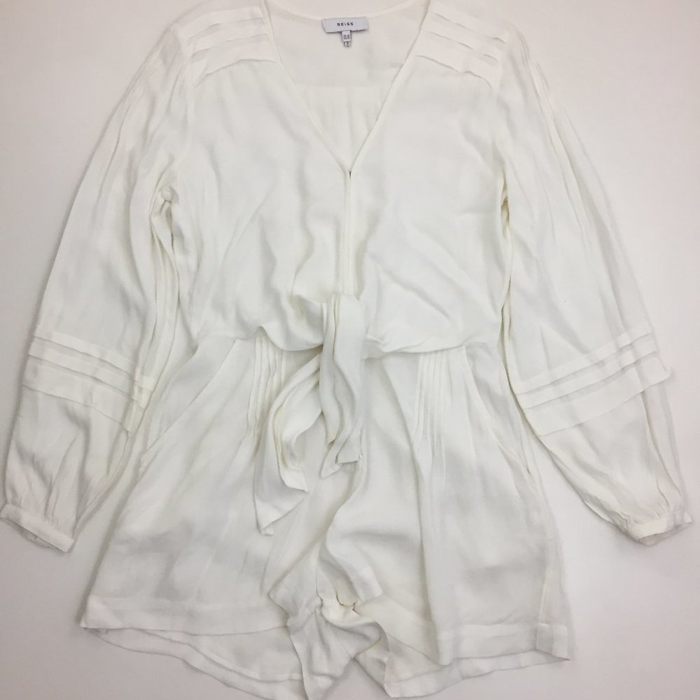 REISS White Pleated Long Sleeve Belted Pockets Shorts One Piece Romper